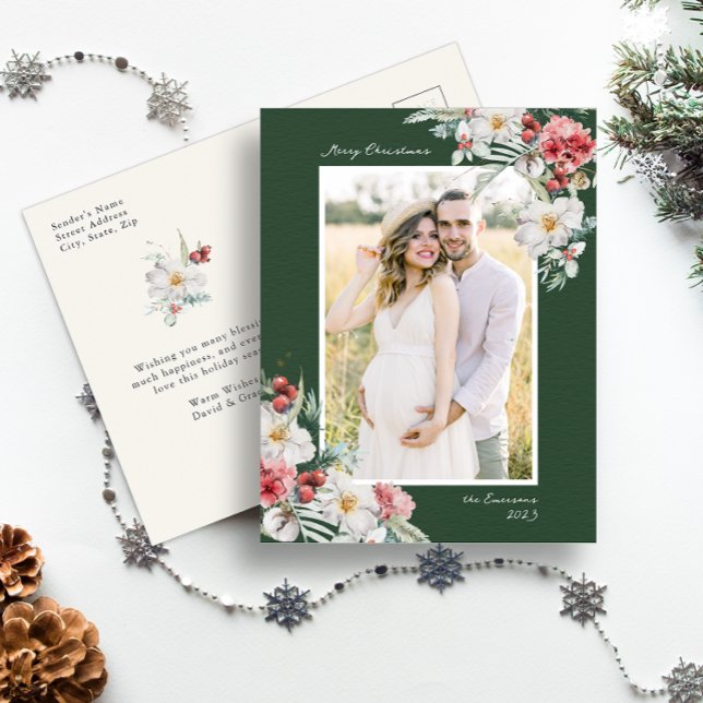 Cartão postal de Natal Elegante Verde (Green Merry Christmas Holiday Postcard Simple Elegant Watercolor Botanical Floral Berries)
