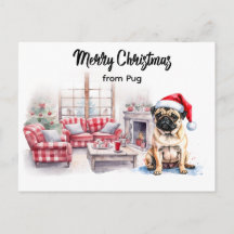 Cartão postal de Natal em aquarela Pug