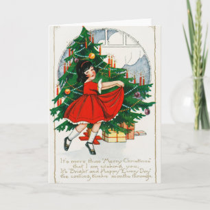 Cartão postal de Natal retrô, criança e árvore de 