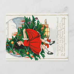 Cartão postal de Natal retrô, criança e árvore de