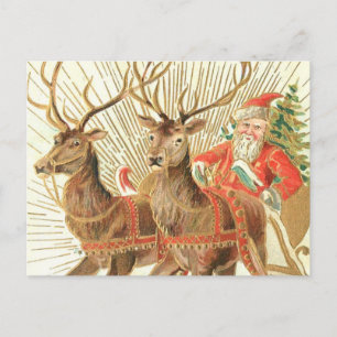 Cartão Postal de Natal VIntage, Papai Noel com Ren