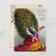 Cartão postal de Natal vintage vitoriano de pavão 
