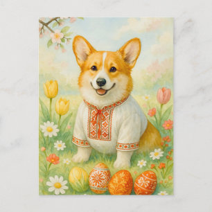 Cartão postal de Páscoa feliz com ovos e Corgi fof