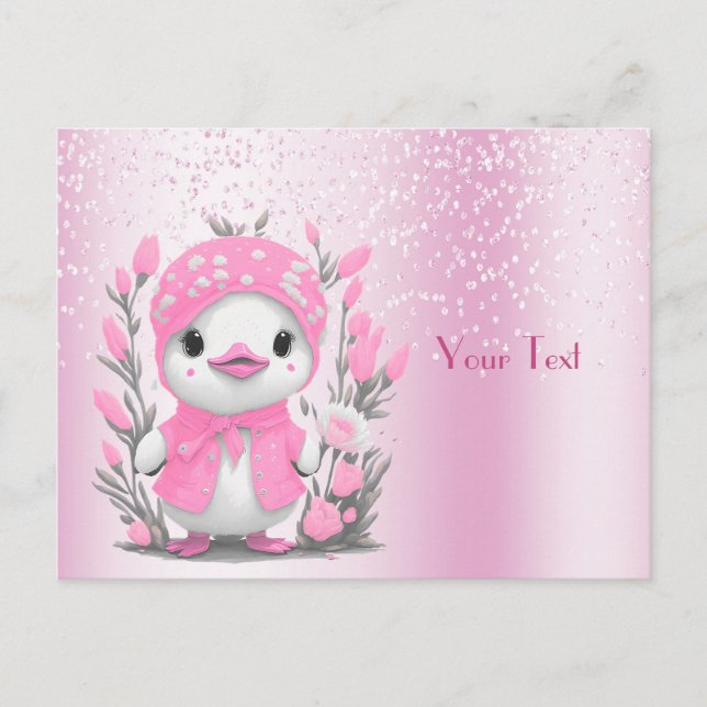 Cartão postal de pato em aquarela com flores rosa (Frente)