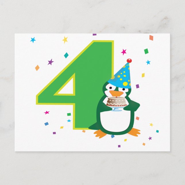 Cartão postal de pinguim de 4º aniversário (Frente)