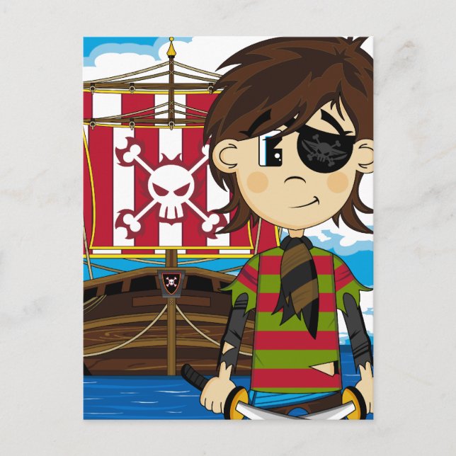 Cartão Postal de Pirata e Navio de Desenho Animado (Frente)