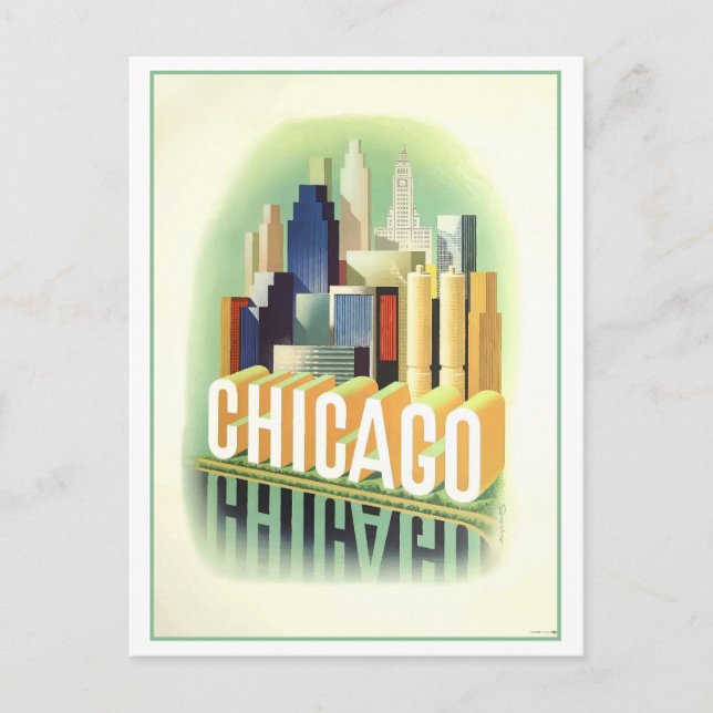 Cartão postal de pôster de viagem de Chicago vinta (Frente)