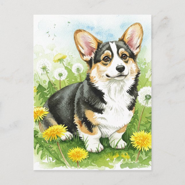 Cartão postal de primavera com Corgi Fofo e Dente- (Frente)