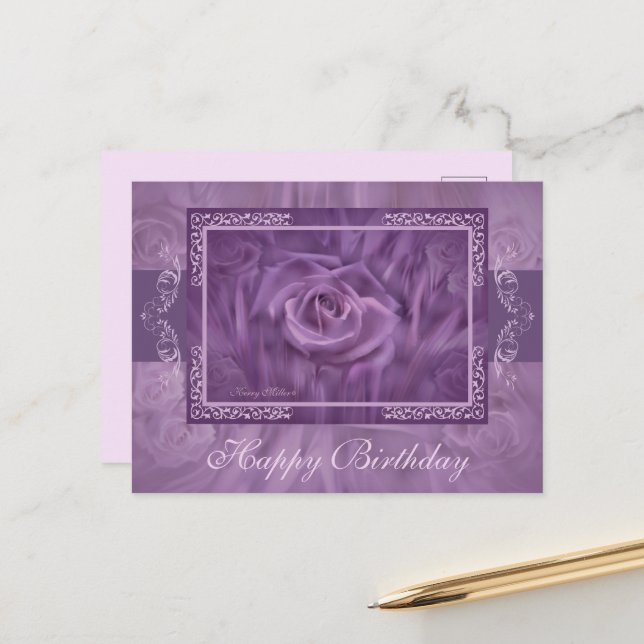 Cartão postal de rosa roxa e renda (Frente/Verso In Situ)