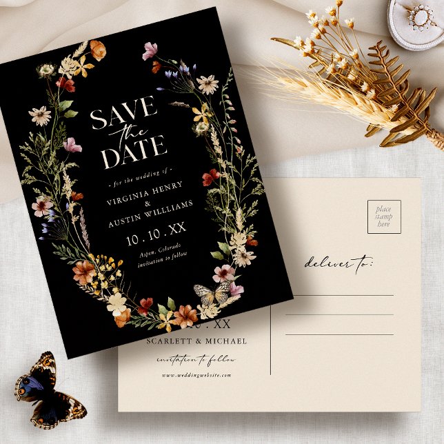Cartão Postal de Salvar a Data Boho Preto (Black Boho Watercolor Floral Save The Date Postcard by Painted Paperie
)