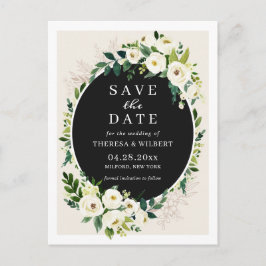 Cartão Postal de Salvar a Data Floral Branco Verde