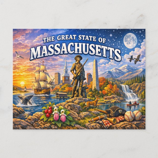 Cartão postal de saudações de Massachusetts  (Frente)