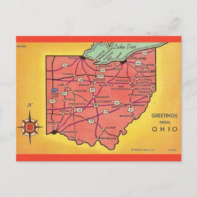 Cartão postal de saudações do Mapa Vintage Ohio (Frente)