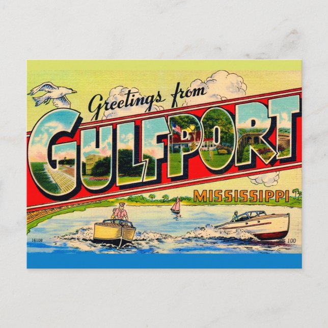 Cartão postal de saudações retrô de Gulfport Missi (Frente)