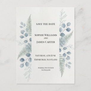 Cartão Postal de Save The Date Botânico Cinza Azul