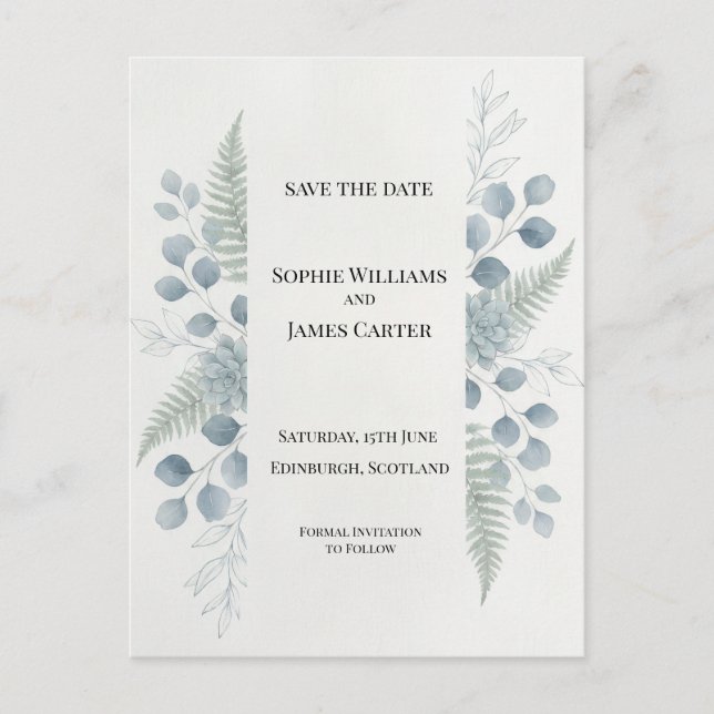 Cartão Postal de Save The Date Botânico Cinza Azul (Frente)
