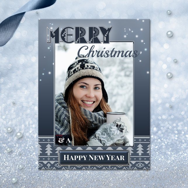 Cartão postal de suéter naval de foto de férias de (An ugly sweater photo template postcard with Merry Christmas and a Happy New Year wishes)