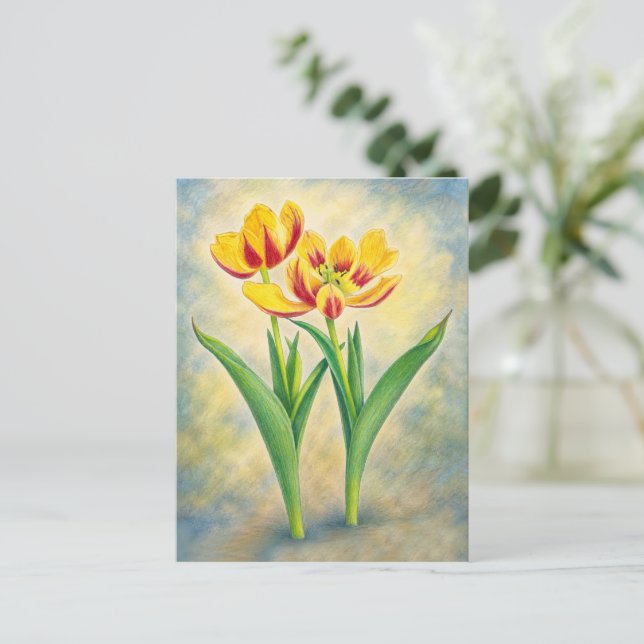 Cartão Postal de Tulipas Amarelas e Vermelhas (Em pé/Frente)