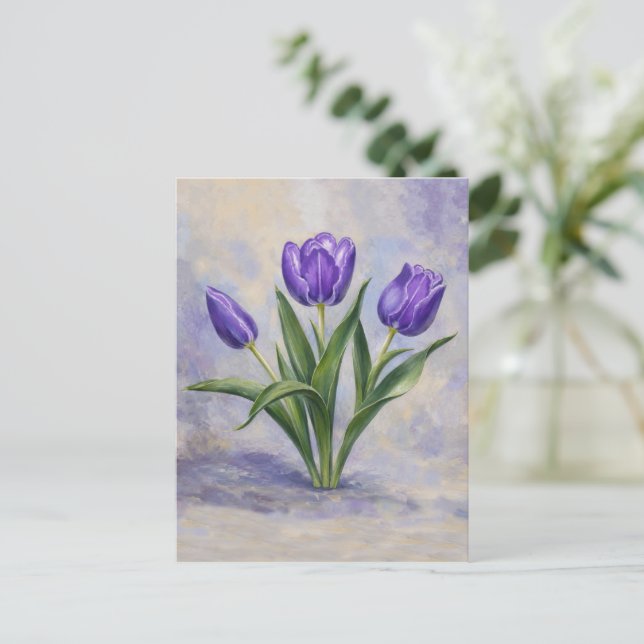 Cartão Postal de Tulipas Roxas (Em pé/Frente)