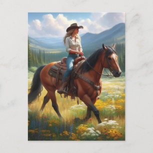 Cartão postal de vaqueira montando cavalo através