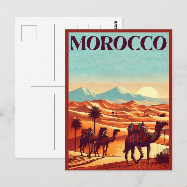 cartão postal de viagem de marrocos com camelos no (Frente/Verso)