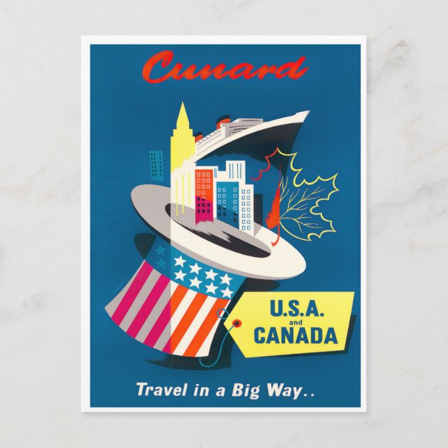Cartão postal de viagens vintage EUA e Canadá (Frente)