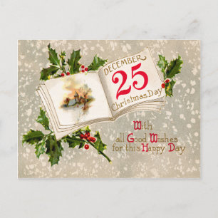Cartão Postal Dec 25 Church Holly Snow