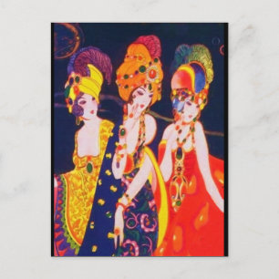 Cartão Postal Deco Colorido Antigo Mulheres com Joias