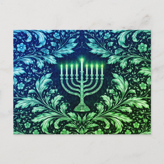 Cartão Postal Deep Navy Menorah William Morris Pattern (Frente)