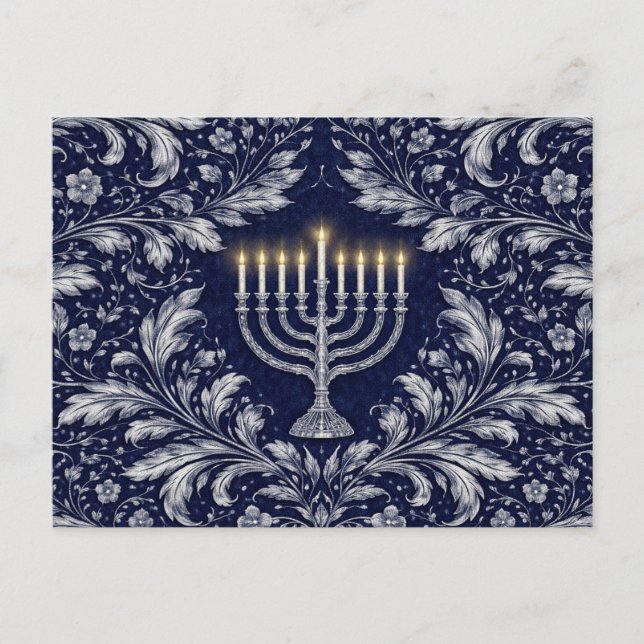 Cartão Postal Deep Navy Menorah William Morris Pattern (Frente)