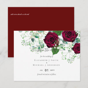 Cartão Postal Deep Red Burgundy Roses Wedding Save Date