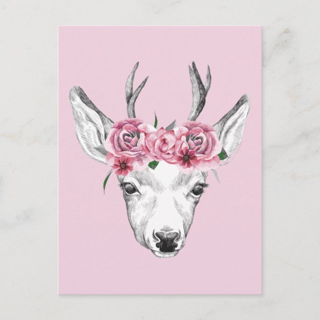 Cartão Postal Deer de Flores de Aquarela (Frente)