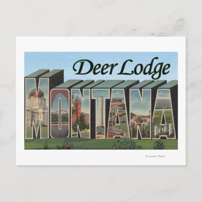 Cartão Postal Deer Lodge, Montana - Cenas com Letras Grandes (Frente)