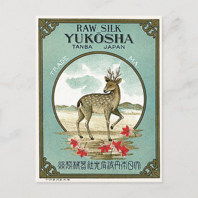 Cartão Postal Deer Vintage, Rótulo de Seda Japonês (Frente)