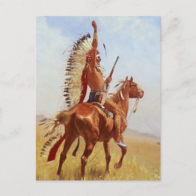 Cartão Postal "Defiance" Arte Ocidental de Frederic Remington (Frente)