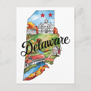 Cartão Postal Delaware EUA Estado Formato Aquarela Vintage