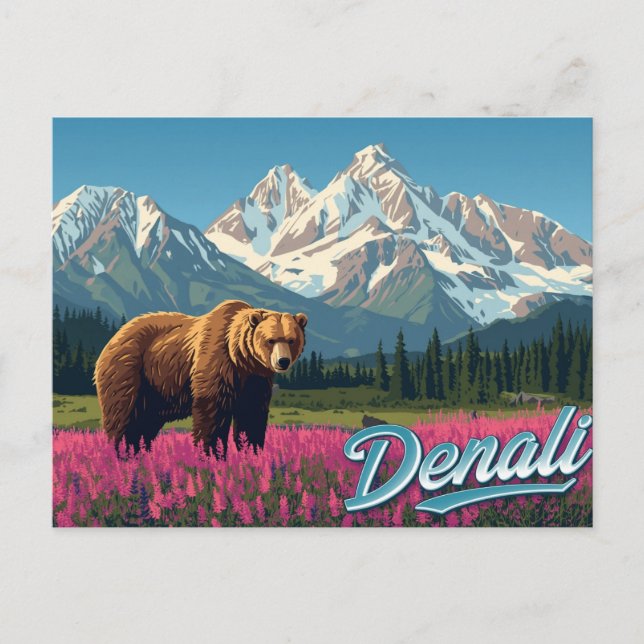 Cartão Postal Denali Grizzly Bear Wildflower Art (Frente)