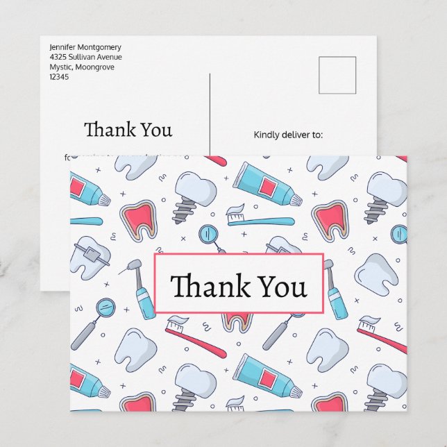 Cartão Postal Dentes e ferramentas Padrão dentário Obrigado (Frente/Verso)
