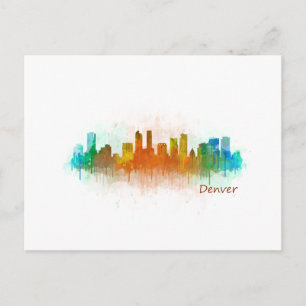 Cartão Postal Denver Colorado City Watercolor Skyline Hq v3