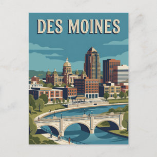 Cartão Postal Des Moines Iowa Frente do Rio Skyline Cartaz Vinta