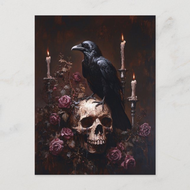 Cartão Postal Desacoplar Raven no crânio com Velas (Frente)