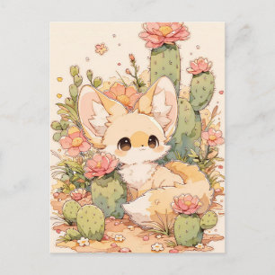 Cartão Postal Desbotada Flor de Coral Kawaii Raposa Fennec