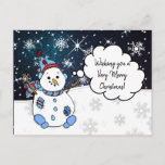 Cartão Postal Desejando-lhe uma Holly Jolly Christmas Snowman<br><div class="desc">Feliz Natal e Feliz ano novo personalizou um bonitinho bonitão desenhando bonitinho de neve em um cartão de posto noturno estrelado. Uma maneira barato de dizer à sua família Feliz Natal este ano!</div>