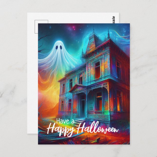 Cartão Postal Deseje um Halloween Feliz Casa Assombrada e Fantas (Frente/Verso)
