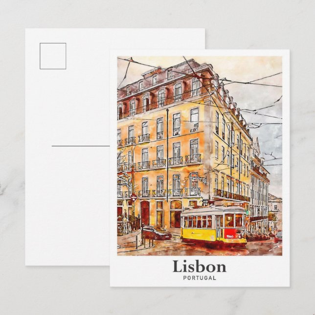 Cartão Postal Desenhada a Mão de Aquarela de Lisboa Portugal Via (Frente/Verso)