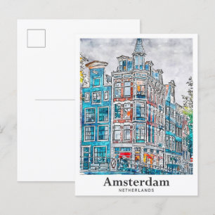 Cartão Postal Desenhada Mão de Aquarela Viagem de Amesterdã nos