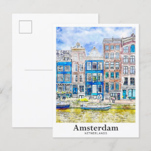 Cartão Postal Desenhada Mão de Aquarela Viagem de Amesterdã nos
