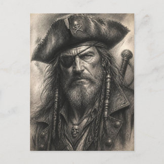 Cartão Postal Desenho a Lápis do Capitão Pirata Vintage Arte Fan