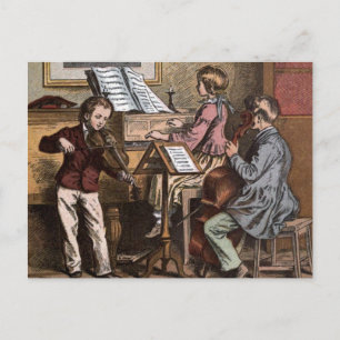 Cartão Postal Desenho Antigo: Crianças na Aula de Música