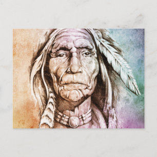Cartão Postal Desenho da arte da tatuagem, retrato do índio ame